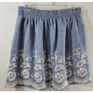 Emmelee Blue Beige Embroidered Floral Detail Pleated A Line Mini Skirt Large